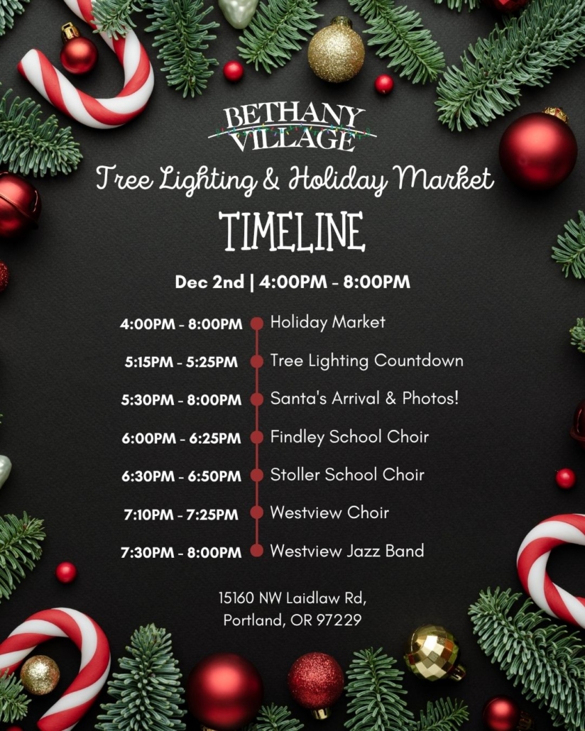 Tree lighting Timeline at Bethany Village in Portland Oregon